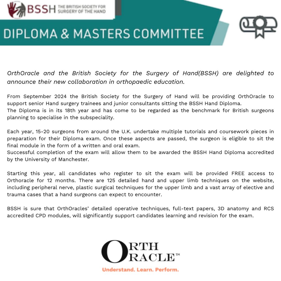 Orthoracle (@orthoracle) on Twitter photo OrthOracle is delighted to announce the recent collaboration with the British Society for Surgery of the Hand <a href="/BSSHand/">British Society for Surgery of the Hand</a> in the delivery of surgical education. See below for further details. #orthotwitter OrthOracle is delighted to announce the recent collaboration with the British Society for Surgery of the Hand <a href="/BSSHand/">British Society for Surgery of the Hand</a> in the delivery of surgical education. See below for further details. #orthotwitter