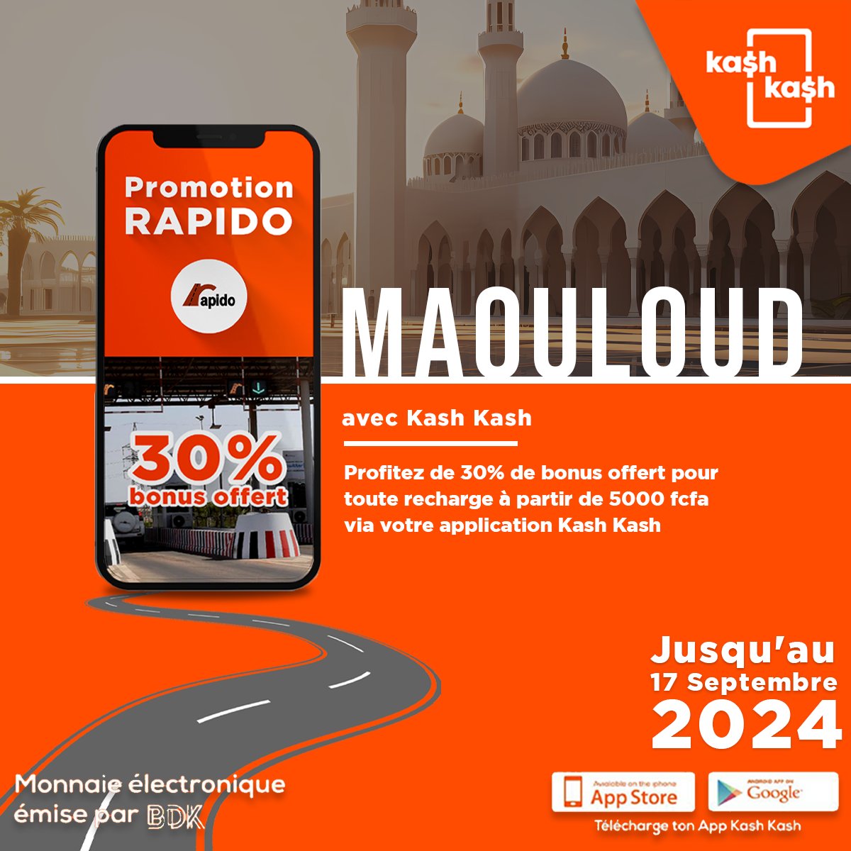 Jusqu'au 17 septembre 2024, Profitez de 30% de bonus offert pour toute recharge à partir de 5000 fcfa via votre application Kash Kash.