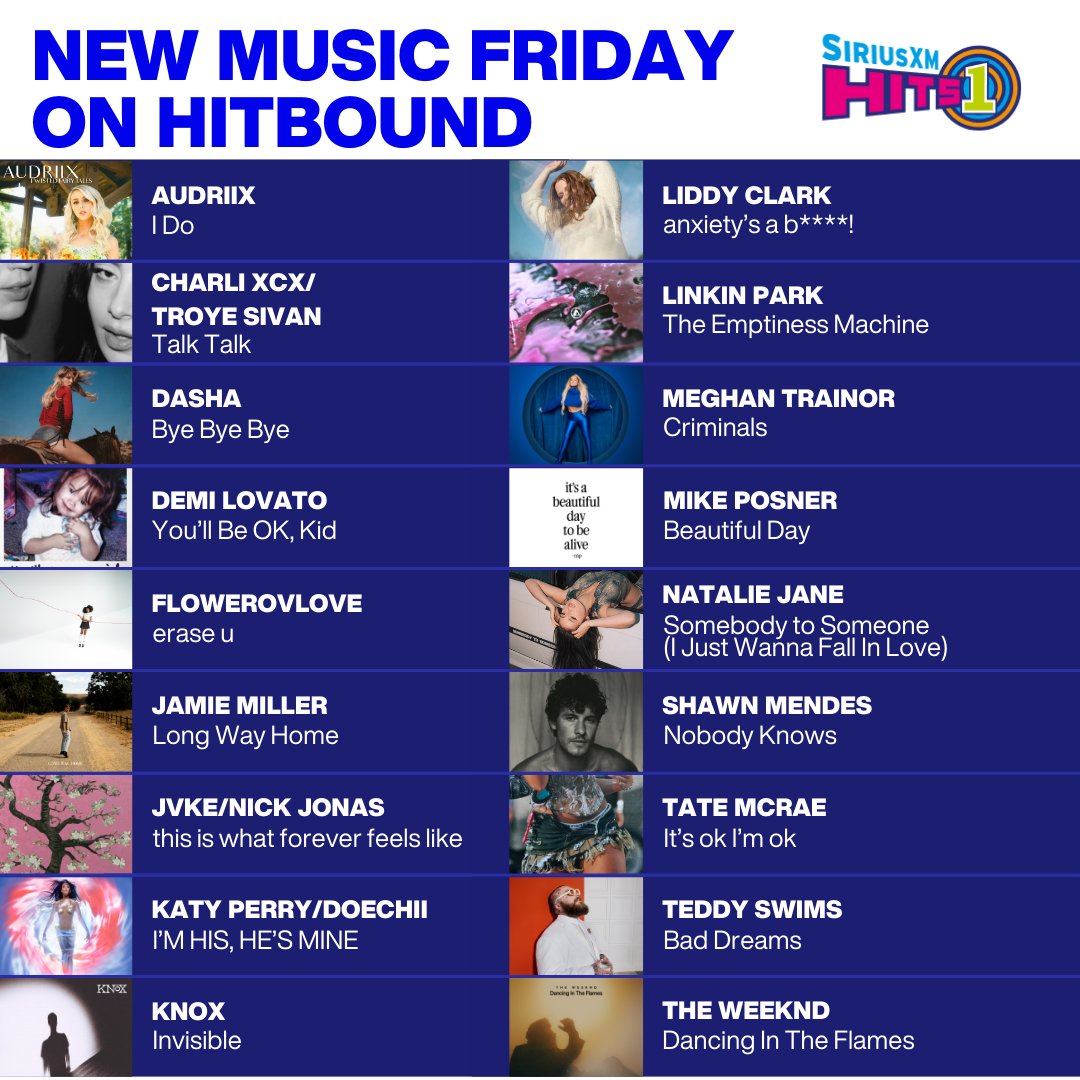 SiriusXMHits1's tweet photo. happy new music fri-yayyyy!!! ❤️‍🩹 here's what's new to #hitbound: https://t.co/x9BdFW6mR0 https://t.co/qIcFjZhmSq