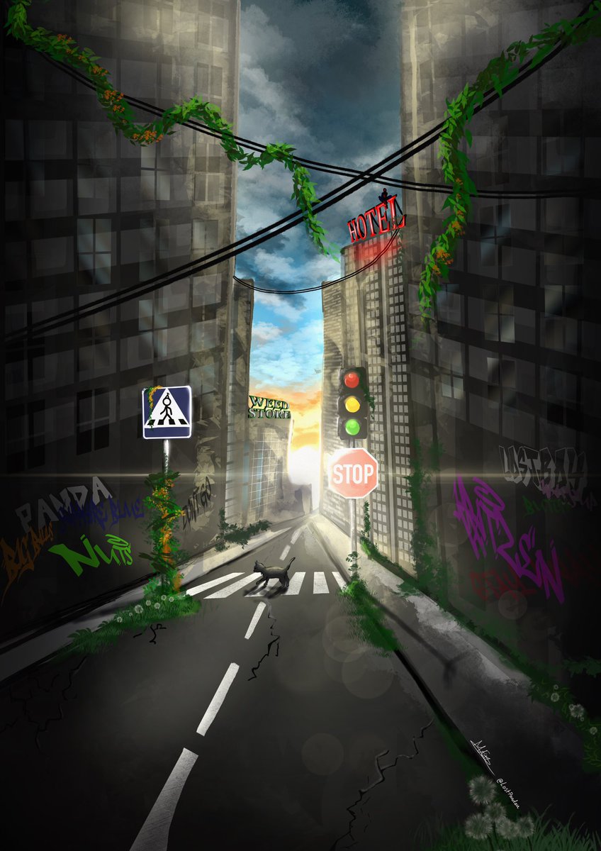 LostPandan's tweet photo. Lost boy story part 5 I think, but this time the lost boy decided to just take a pic of kratzen! 
It’s  also a drawing I did on stream so it’s a bit special, enjoy! 
Decided to make a rain version too bc I love rain

#Procreate #procreateart #cat #rain #digitalart #abandonedcity https://t.co/Lb4GjPPNbK