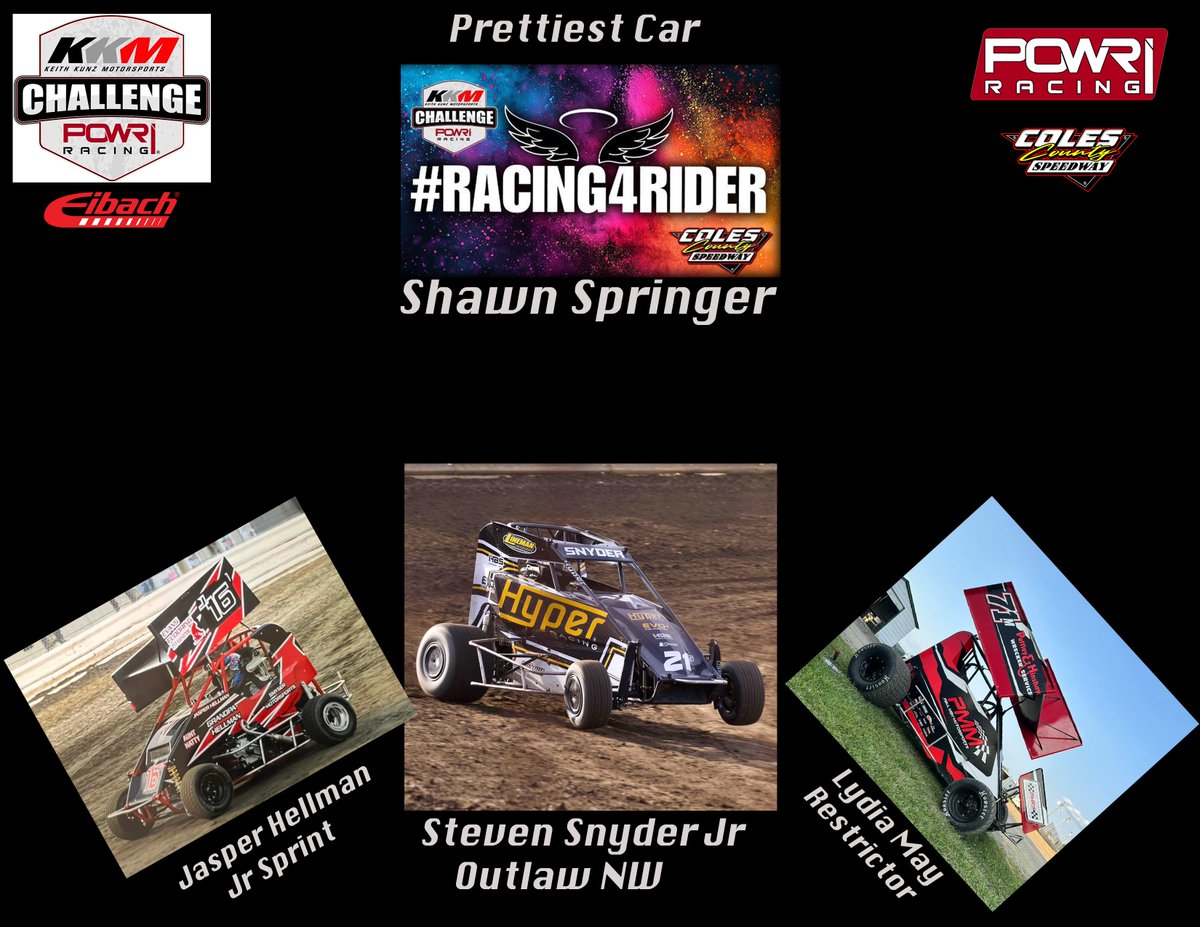 The winners of the prettiest car poll held for the #Racing4Rider #KKMChallenge at Coles County Speedway are these.
Each will receive a custom canvas by Shawn Springer  valued at $200