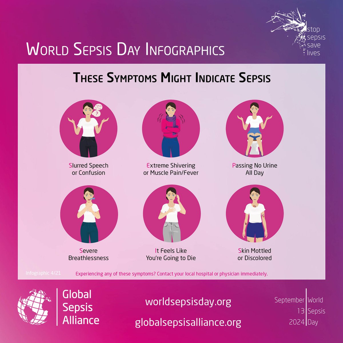 September 13 is #WorldSepsisDay!

#Sepsis is a medical emergency and must be treated immediately - if you see 2 or more #symptoms act immediately.

#stopsepsis #savelives