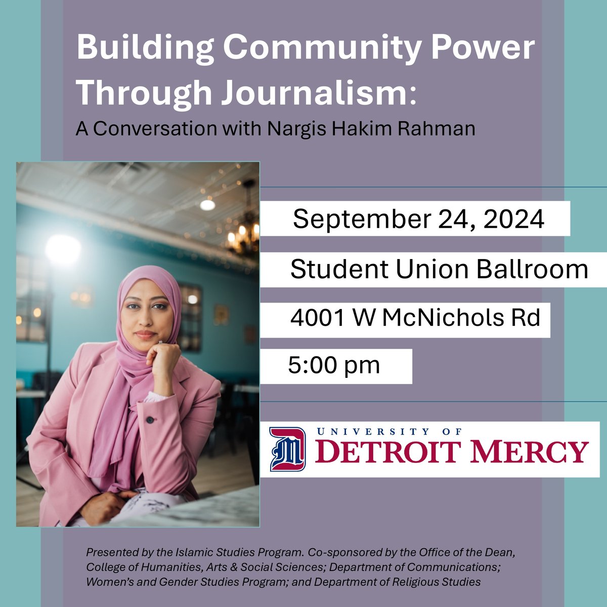 Nargis Hakim Rahman (@nargisthewriter) on Twitter photo I'm looking forward to speaking with folks at the University of Detroit Mercy on Sept. 24th about community journalism and more. <a href="/detmercy/">University of Detroit Mercy</a> I'm looking forward to speaking with folks at the University of Detroit Mercy on Sept. 24th about community journalism and more. <a href="/detmercy/">University of Detroit Mercy</a>