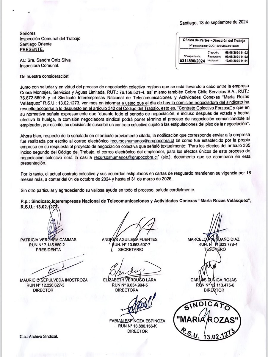 NEGOCIACIÓN COLECTIVA HASTA EL 2026 🏡🇨🇱
Estimados compañeros de #Cobra, informamos que el día de hoy hemos ingresado a la Inspección del Trabajo de Vitacura <a href="/DirecDelTrabajo/">Dirección del Trabajo</a> <a href="/MintrabChile/">Trabajo y Previsión Social</a> 
el requerimiento para acogernos a lo dispuesto en el artículo 342 del Código del Trabajo.