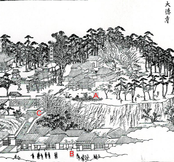 ラストに○○○たちがひそんでいた大徳寺。今は公園があります。長崎では「寺もないのに大徳寺」と、七不思議扱いだそうで。高いところから通りを見下ろすロケーションです。この図のA地点辺りに実在しない竹藪を生やしました。