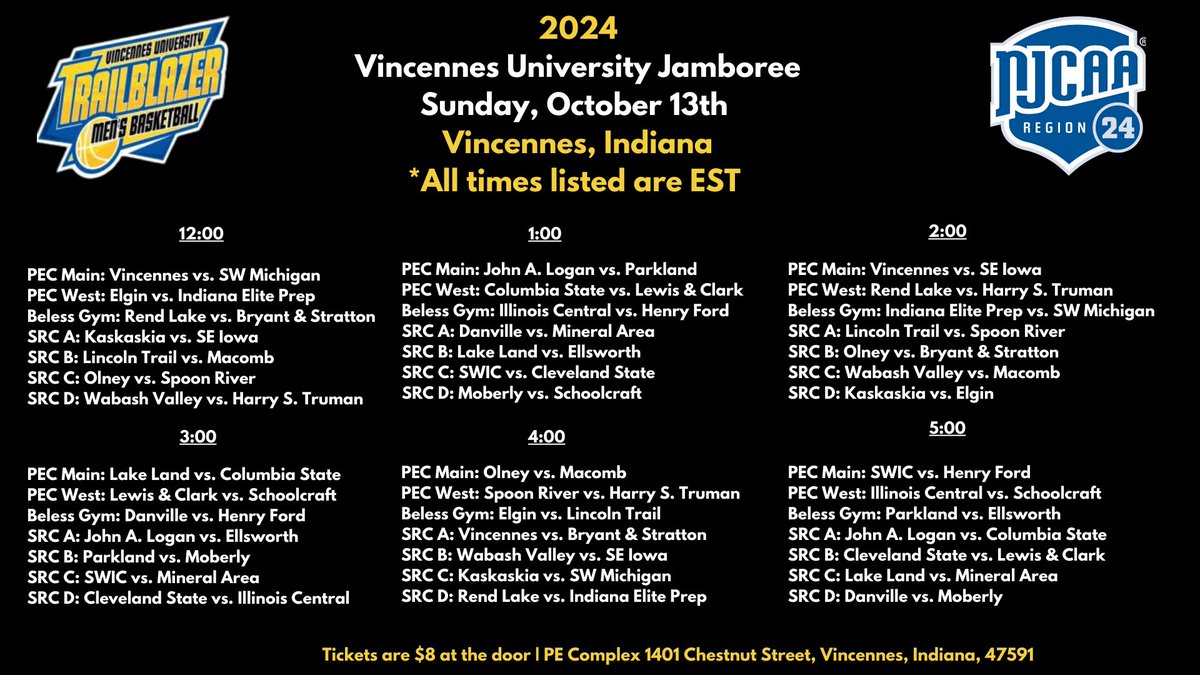 Vincennes Jamboree Schedule for October 13 🔷🔶

Thanks to Coach Kingsley for the graphic!