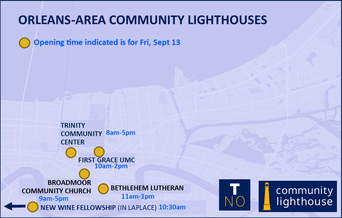 The following Community Lighthouses will be open today for cooling, device charging, cool water and snacks: 

Bethlehem Lutheran, 1823 Washington Ave NOLA 70113 
Broadmoor Church, 2021 S Dupre St NOLA 70125 
First Grace UMC, 3401 Canal St NOLA 70119 
Trinity Community Center,