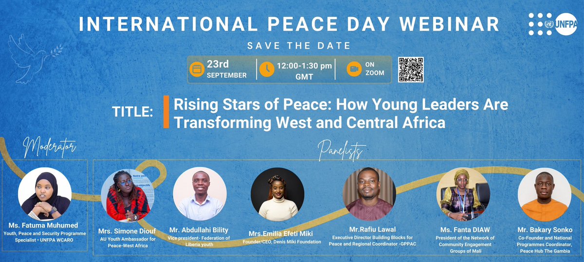 Join us on the 23rd September at 12:00 noon GMT for international day of peace  webinar, showcasing young peacebuilders in West and Central Africa, scan the QR code to register.see you there!