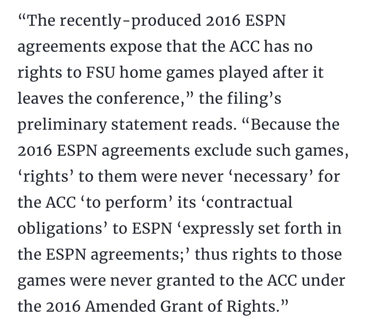 Florida St is going for the kill shot against the ACC in FL state court.

If it’s successful on this motion for summary judgment, it could leave the ACC and take its tv rights with it to a new conference.

Without having to pay for the right to get those tv rights back.