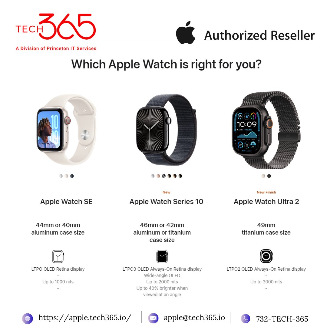 Tech365I's tweet image. Find your perfect Apple Watch—SE, Series 10, or Ultra 2—at Tech365, your trusted Apple reseller. Contact us: apple@tech365.io | 732-TECH-365. #AppleWatch #Series10 #WatchSE #WatchUltra2 #Tech365