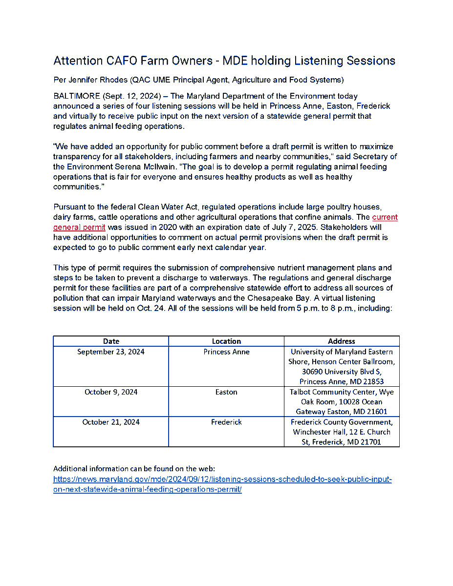 Umequeenannes's tweet photo. Attention CAFO Farm Owners-MDE holding Listening Sessions! #CAFO #MDE #UMEAGFS https://t.co/tgoLk4G9vn