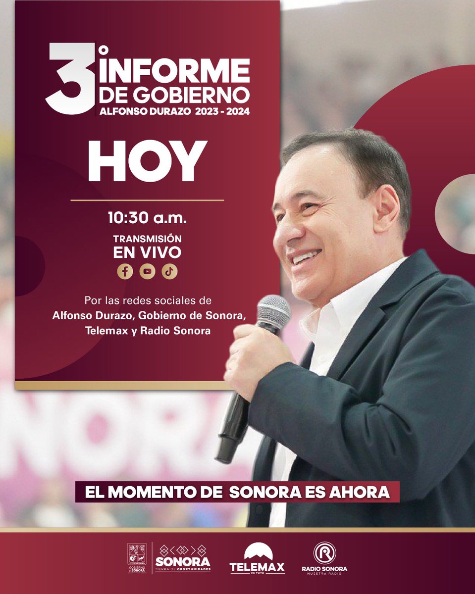 gobiernosonora's tweet photo. Hoy viernes 13 de septiembre el gobernador @AlfonsoDurazo presentará su Tercer Informe de Gobierno. Conéctate con nosotros a partir de las 10:30 a.m. mediante nuestras redes sociales oficiales. 

#ElMomentoDeSonora es ahora. https://t.co/ZAUXQD1veL