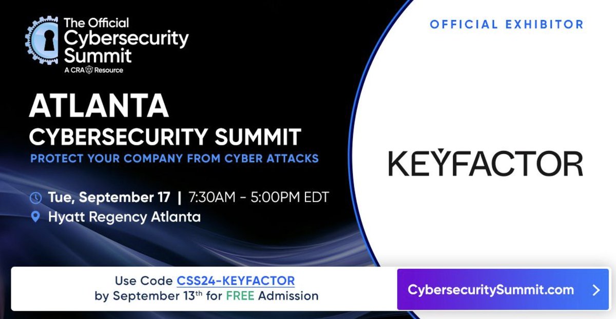 Keyfactor's tweet image. We&apos;re excited to sponsor the Official Cybersecurity Summit in Atlanta! Swing by our table to meet the Keyfactor South East team!

🎟 Don&apos;t miss out—use code CSS24 - KEYFACTOR for FREE admission. See you there! 

#CyberSecurity #Keyfactor #CyberSummit #Atlanta