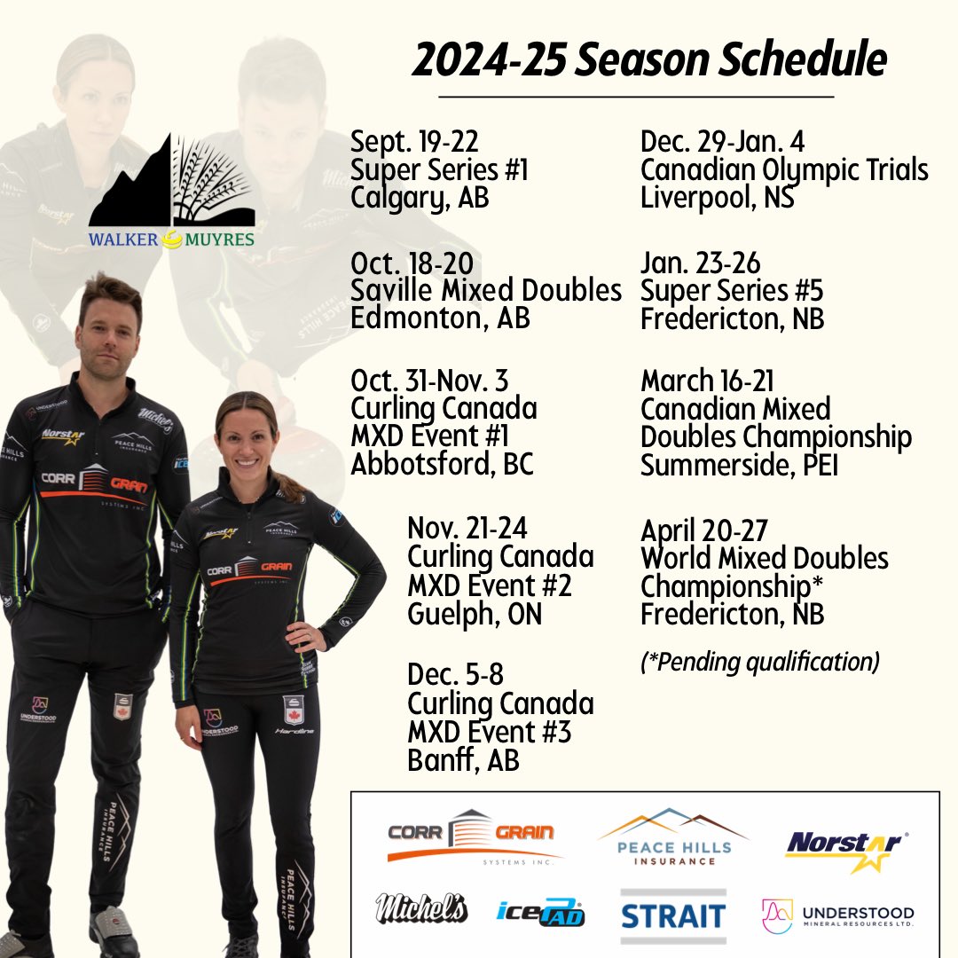 Walker/Muyres Mixed Doubles (@walkermuyres) on Twitter photo It’s almost time for the 2024-25 season to get started!
Big season with <a href="/CurlingCanada/">Curling Canada</a>’s  Olympic Trials coming up in late December. This is what we have been working towards for over two years now & we’re excited for the opportunity.
Hope to see you along the way!
#WalkMuyWay It’s almost time for the 2024-25 season to get started!
Big season with <a href="/CurlingCanada/">Curling Canada</a>’s  Olympic Trials coming up in late December. This is what we have been working towards for over two years now & we’re excited for the opportunity.
Hope to see you along the way!
#WalkMuyWay