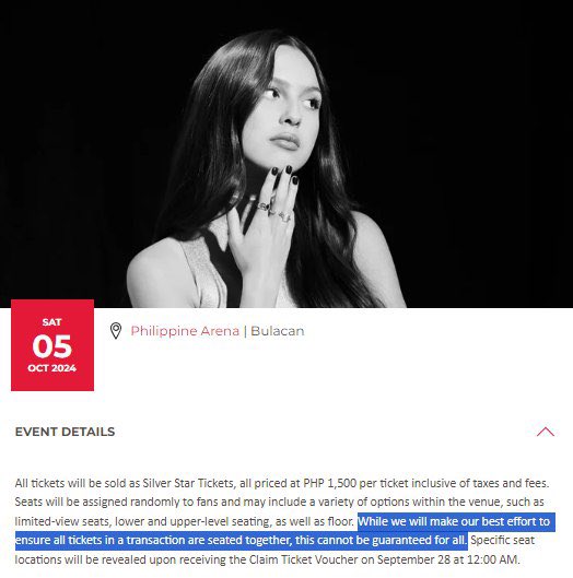 Hi, Livies!

There is an update on Live Nation PH's website.

Tickets purchased under one transaction are not guaranteed to be seated together for all.