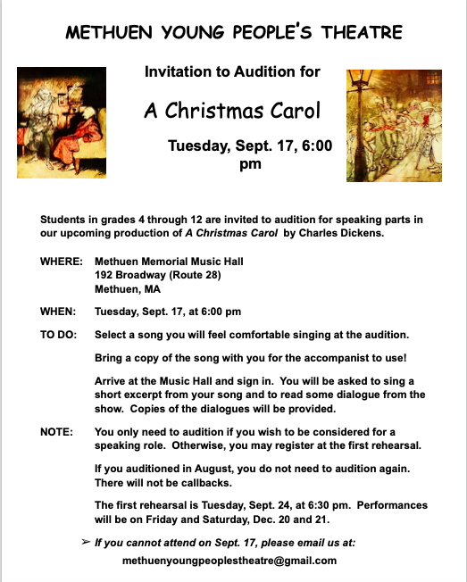 Celebrate the holidays by participating in the MYPT production of Charles Dickens' 'A Christmas Carol' at the amazing Methuen Memorial Music Hall! - See you there!👍
