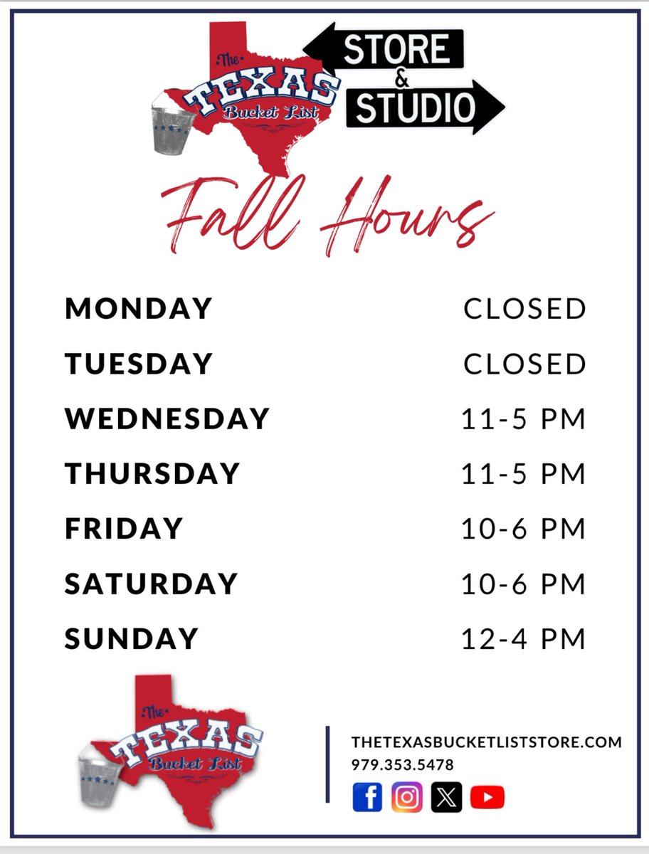 TexasBucketList's tweet photo. If youβre coming to Bryan/College Station soon, weβve switched over to our fall hours at The Texas Bucket List Store and Studio. More time to shop on football weekends! TO TEXAS! #thetexasbucketlist #storeandstudio #fallhours https://t.co/45DnLszBqQ