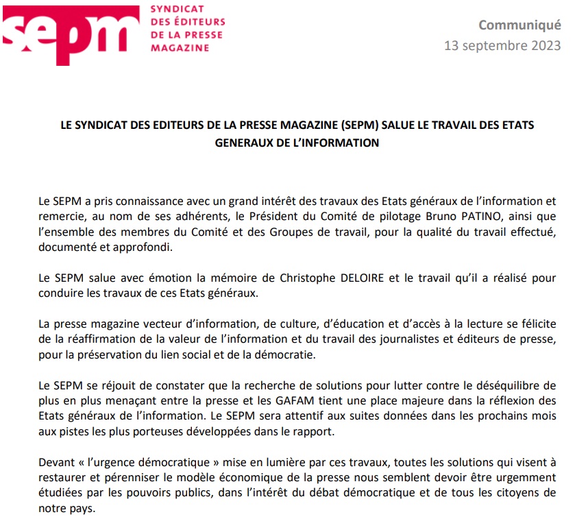 La Presse Magazine (@lesepm) on Twitter photo Le SEPM salue le travail des #EGinformation et remercie <a href="/brunopatino/">Bruno Patino</a> Président du Comité de pilotage, ainsi que l’ensemble des membres du Comité et des Groupes de travail, pour la qualité du travail effectué urlr.me/2WVDw Le SEPM salue le travail des #EGinformation et remercie <a href="/brunopatino/">Bruno Patino</a> Président du Comité de pilotage, ainsi que l’ensemble des membres du Comité et des Groupes de travail, pour la qualité du travail effectué urlr.me/2WVDw