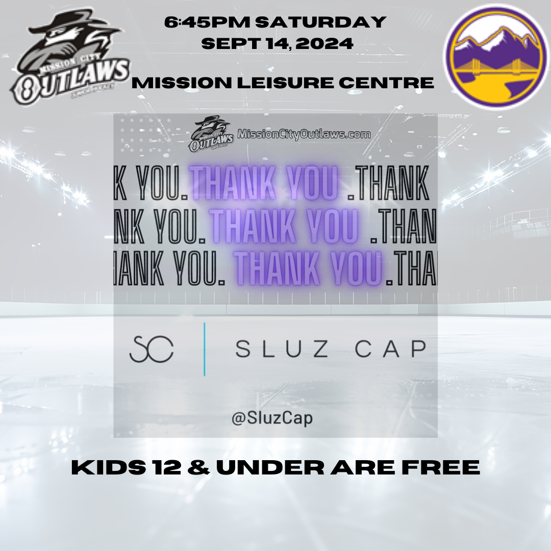 MissionOutlaws's tweet photo. The Mission City Outlaws host the POCO Trailblazers Saturday September 14th, 2024 6:45pm at the Mission Leisure Center. Thanks to Community Sponsor Sluz Cap, children 12 &amp; Under are FREE! https://t.co/5NlBOZnZDO