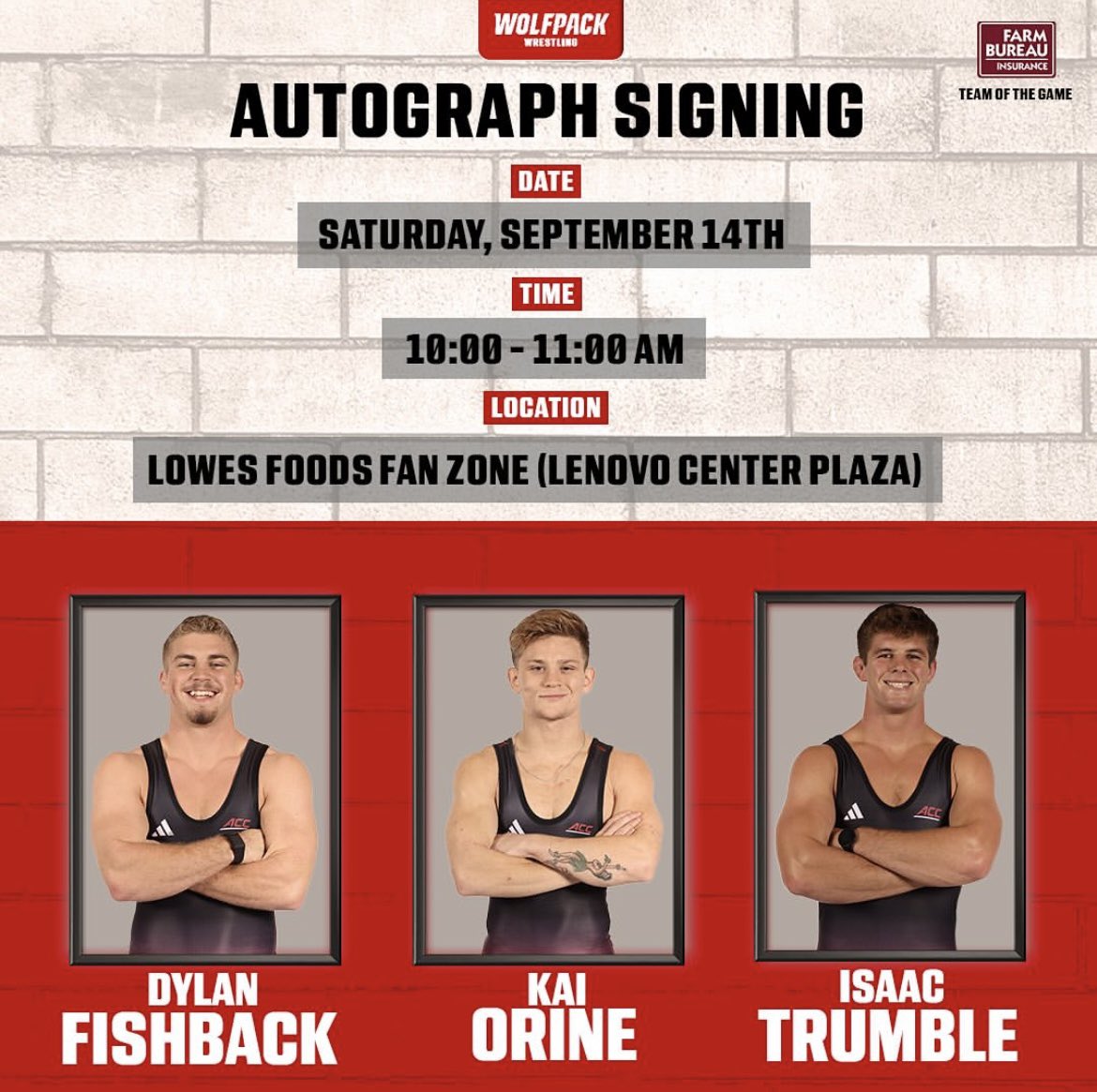 Come check out your favorite ACC championship team at the <a href="/PackFootball/">NC State Football</a>  game tomorrow. <a href="/DylanFishback1/">Dylan Fishback</a> and myself will be signing autographs and playing games. <a href="/kaiorine/">Francisco Isaiah Kailani Orine</a> will be giving out tattoos, haircuts, and lessons on how to do the tongue trick!