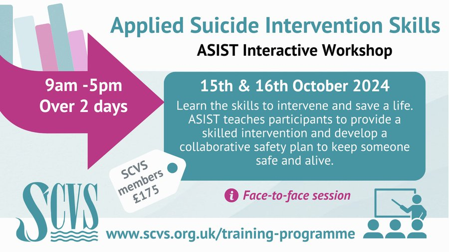 SwanseaCVS's tweet image. Don't miss this opportunity to gain crucial life-saving skills! - 2 day interactive workshop:
ASIST - Applied Suicide Intervention Skills Training
Find out more and book here 👉🏼
scvs.org.uk/Event/asist-oc… #training #suicideprevention #ASIST