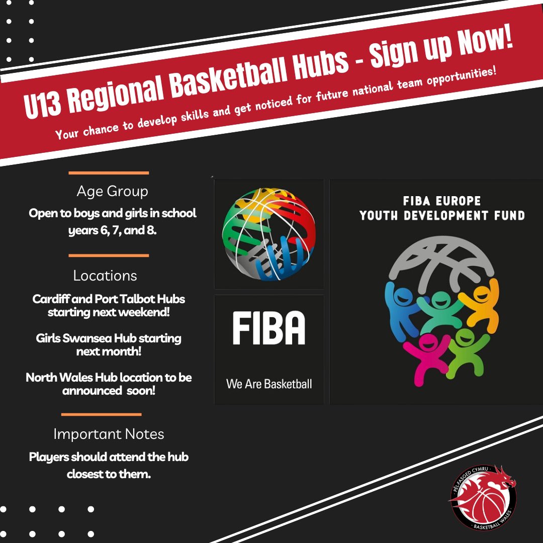 U13 Basketball Hubs are back! 🏀 

Develop your skills and get a chance to be seen by national team coaches!

 book your spot now by clicking the link below!
 
basketballwales.sport80.com/public/events

#FIBAYouthDevelopment #BasketballWales #U13Hubs