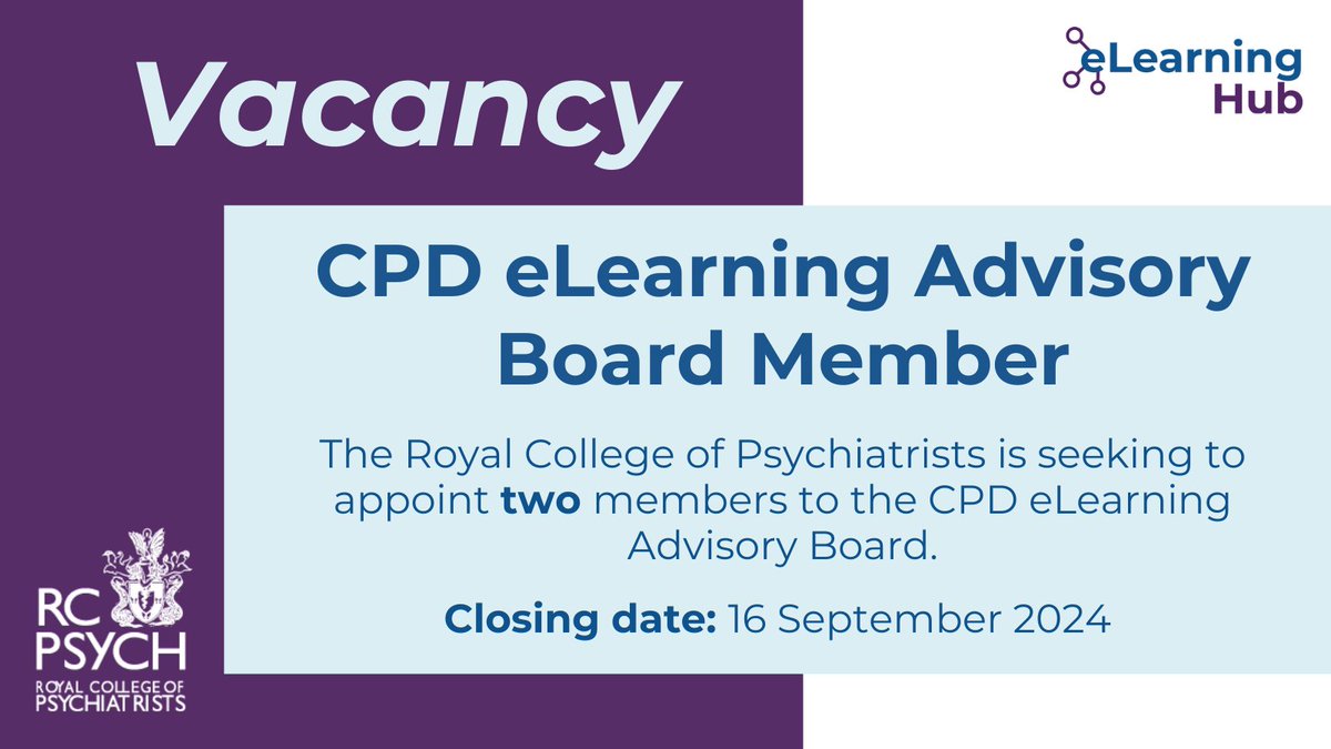 RCPsych eLearning Hub (@rcpsych_elearn) on Twitter photo Only a few days left to submit your application!
For more information about the available roles, follow the links below ⬇️
Advisory Board Member: bit.ly/3Mh5qEk
Trainee Editor: bit.ly/46RlYMR
<a href="/subodhdave1/">Subodh Dave ☘️🌻🌞 Humanising Medicine</a> <a href="/HowardRyland/">Howard Ryland</a> <a href="/aaraoof/">Abdul Raoof</a> <a href="/BruceTamilson/">Bruce</a> Only a few days left to submit your application!
For more information about the available roles, follow the links below ⬇️
Advisory Board Member: bit.ly/3Mh5qEk
Trainee Editor: bit.ly/46RlYMR
<a href="/subodhdave1/">Subodh Dave ☘️🌻🌞 Humanising Medicine</a> <a href="/HowardRyland/">Howard Ryland</a> <a href="/aaraoof/">Abdul Raoof</a> <a href="/BruceTamilson/">Bruce</a>