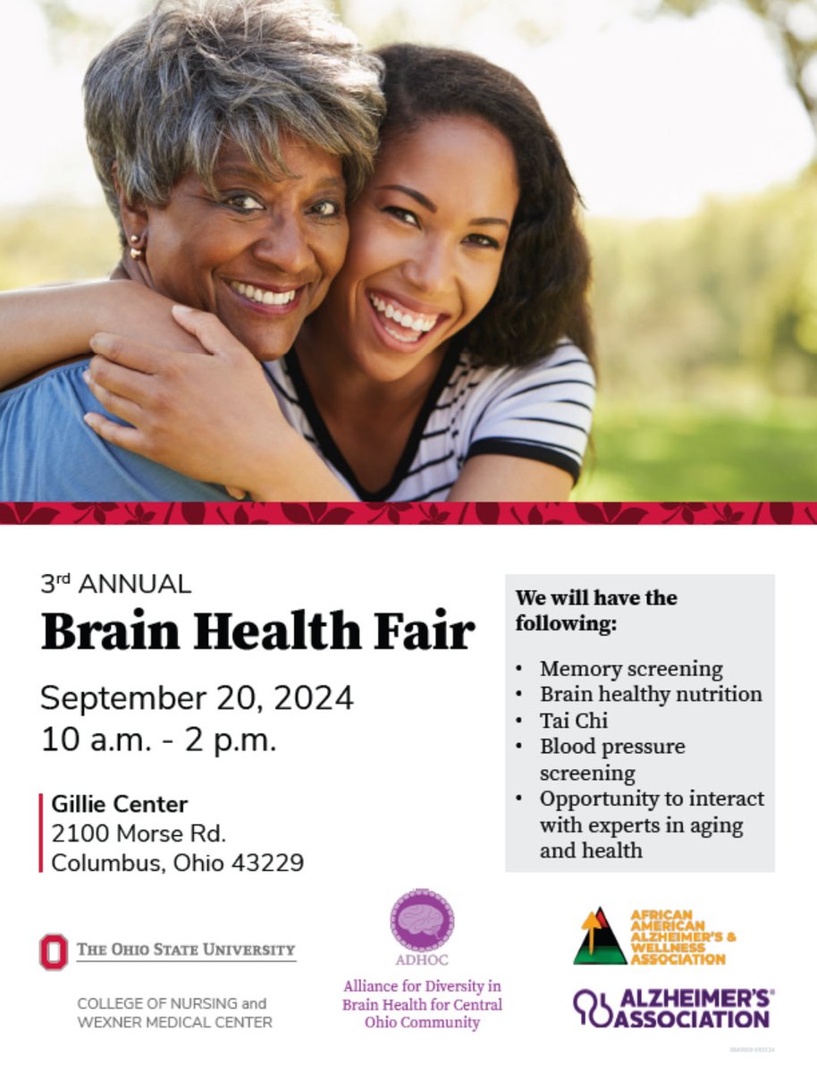 Karen Moss (@komossphd_rn) on Twitter photo Just one week from today, ADHOC will host our 3rd Annual Brain Health Fair!!
**FREE memory screenings, aging, dementia, and caregiving resources, and line dancing!
Join us! 🧠
<a href="/osunursing/">Ohio State Nursing</a> <a href="/OSUWexMed/">The Ohio State University Wexner Medical Center</a> <a href="/OSUOutreach/">Ohio State Outreach</a> <a href="/OSUNeuroscience/">The Ohio State Department of Neuroscience</a> <a href="/rightkay/">Kathy Wright, PhD, RN, “Dr. Kathy”</a> <a href="/Caregivers777/">African American Alzheimer's and Wellness</a> <a href="/ALZCentralOhio/">Alz Central Ohio</a> Just one week from today, ADHOC will host our 3rd Annual Brain Health Fair!!
**FREE memory screenings, aging, dementia, and caregiving resources, and line dancing!
Join us! 🧠
<a href="/osunursing/">Ohio State Nursing</a> <a href="/OSUWexMed/">The Ohio State University Wexner Medical Center</a> <a href="/OSUOutreach/">Ohio State Outreach</a> <a href="/OSUNeuroscience/">The Ohio State Department of Neuroscience</a> <a href="/rightkay/">Kathy Wright, PhD, RN, “Dr. Kathy”</a> <a href="/Caregivers777/">African American Alzheimer's and Wellness</a> <a href="/ALZCentralOhio/">Alz Central Ohio</a>