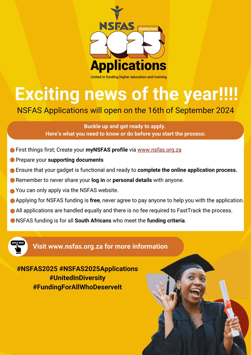 📢IMPORTANT ANNOUNCEMENT‼️ Tell your friends to tell their friends, and their friends to tell their friends that NSFAS applications will open on Monday, 16 September 2024.
#NSFAS2025 #NSFAS2025Applications #UnitedInDiversity #FundingForAllWhoDeserveIt
