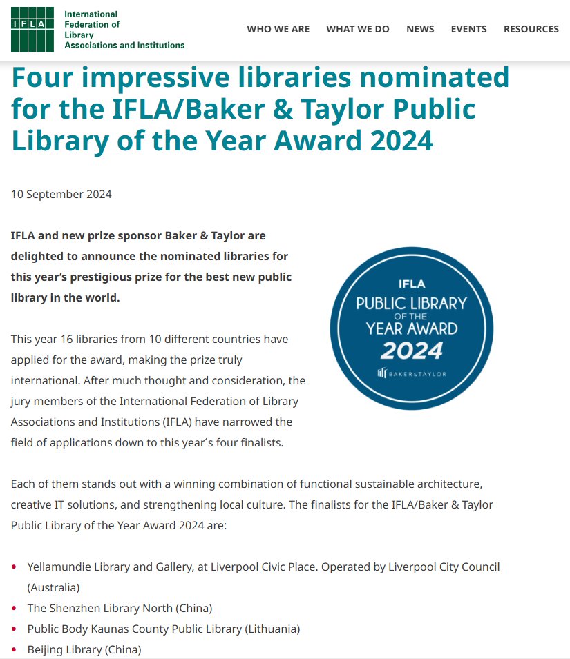 sz_mediagroup's tweet image. 📖Shenzhen Library North Branch is leading the way in public libraries! The library has been recognized as one of the top 4 finalists for the 2024 IFLA Public Library of the Year Award, standing out among 16 libraries from 10 countries. #LibraryInnovation #Shenzhen