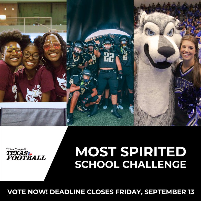Vote for <a href="/PSHSWildcats/">Plano SHS</a> <a href="/PWSHWolves/">Plano West SHS</a>, and <a href="/EastPanthers1/">Plano East Senior High School Panthers</a>
 in Round 1 of <a href="/dctf/">Dave Campbell's — TexasFootball.com</a>'s DFW Most Spirited School Challenge to determine the best high school fanbase! Each round lasts 2 weeks with unlimited voting! 
🗳️texasfootball.com/most-spirited-… #TeamPlanoISD #FanFriday