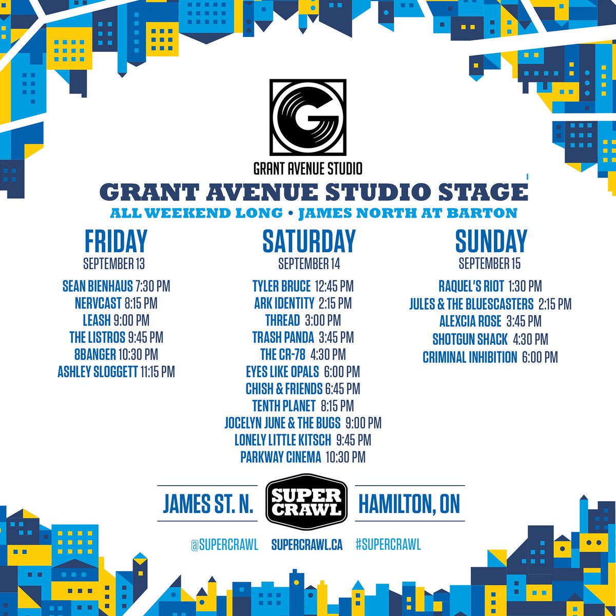 Check out some great local programming at the Grant Ave Studio Stage at Supercrawl this weekend! Located on James North at Barton, there will also be Open Mic opportunities throughout the weekend. 
 
For full festival schedule visit supercrawl.ca/schedule