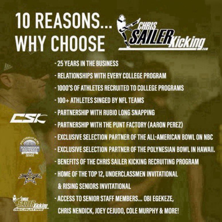 Chris Sailer Kicking Consulting (@cskrecruiting) on Twitter photo <a href="/warnerlefeber/">Warner leFeber</a> This is Chris Sailer. I wanted to invite you to train & get nationally ranked with Chris Sailer Kicking. Here is our upcoming schedule. DM me anytime! <a href="/warnerlefeber/">Warner leFeber</a> This is Chris Sailer. I wanted to invite you to train & get nationally ranked with Chris Sailer Kicking. Here is our upcoming schedule. DM me anytime!