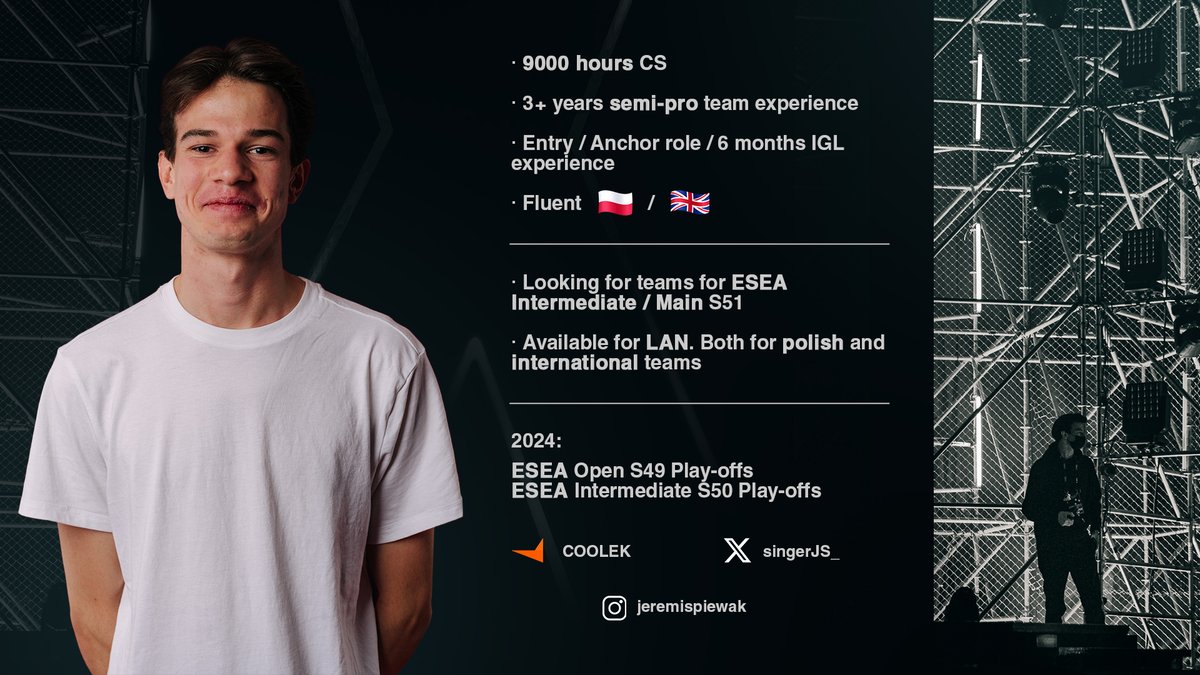 Outside of work in G2, I've picked up again on the ambition to become a pro, so after 2 seasons in a team, I'm actively looking for new opportunities!

- 2x play-offs in S49 Ope and S50 Intermediate
- 2500 elo
- able to play LAN
- looking for 🇵🇱/ 🇪🇺 opportunities in Inter/Main