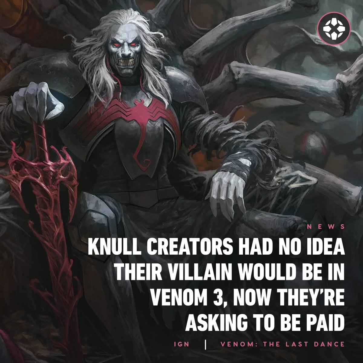 Marvel's Knull sitting on a throne, reaching out to the hilt of the blade All-Black which is resting point-down on the ground. Caption reads: Knull Creators Had No Idea Their Villain Would be in Venom 3, Now They're Asking to be Paid