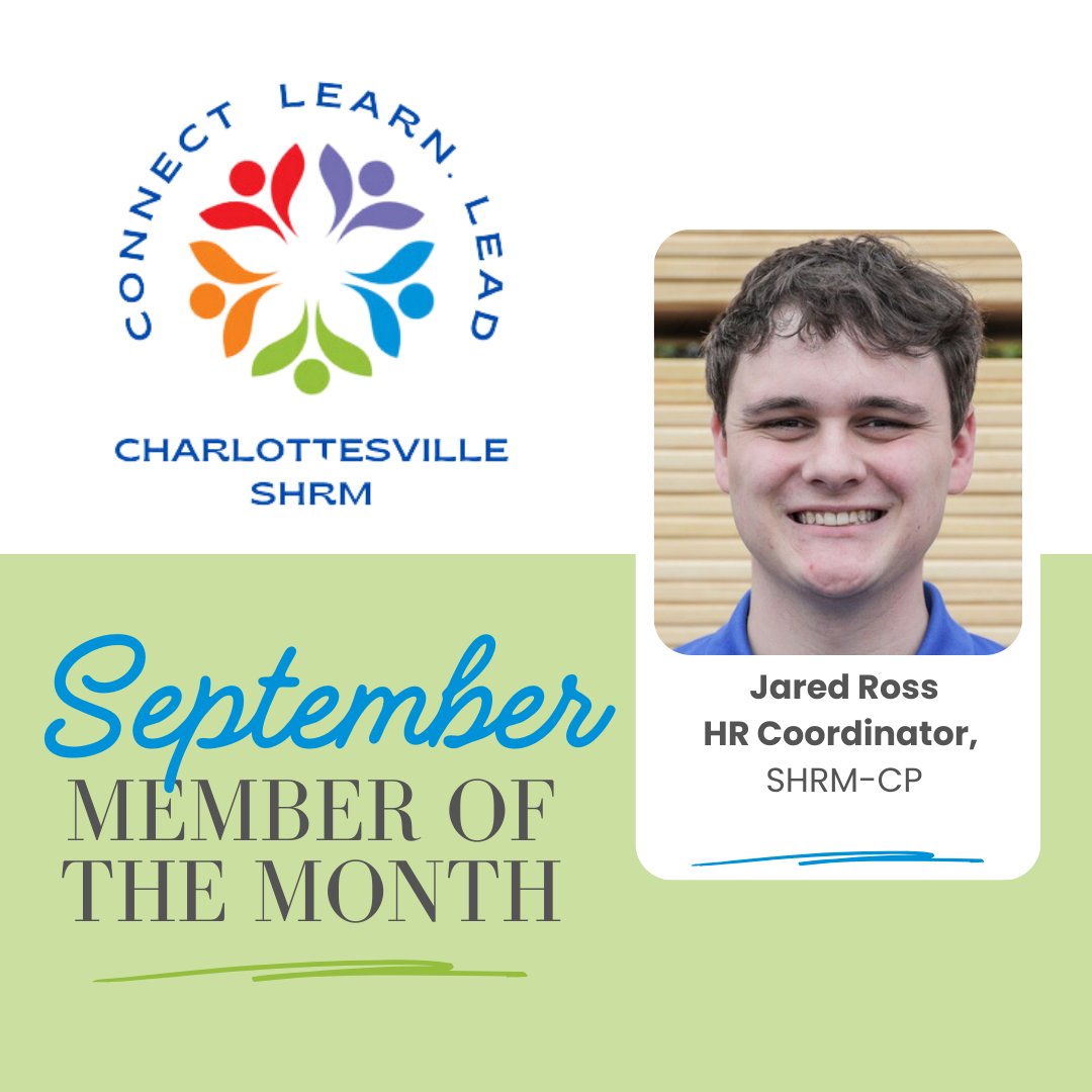 cvilleshrm's tweet photo. Congrats to Cville SHRM's September Member of the Month, Jared Ross, HR Coordinator at Madison Wood Preservers! He's been with Cville SHRM for 3 years and values the community's warmth, inclusiveness, and collaboration. Thanks, Jared, for your dedication! #CvilleSHRM #HR https://t.co/EusTFwVPOy