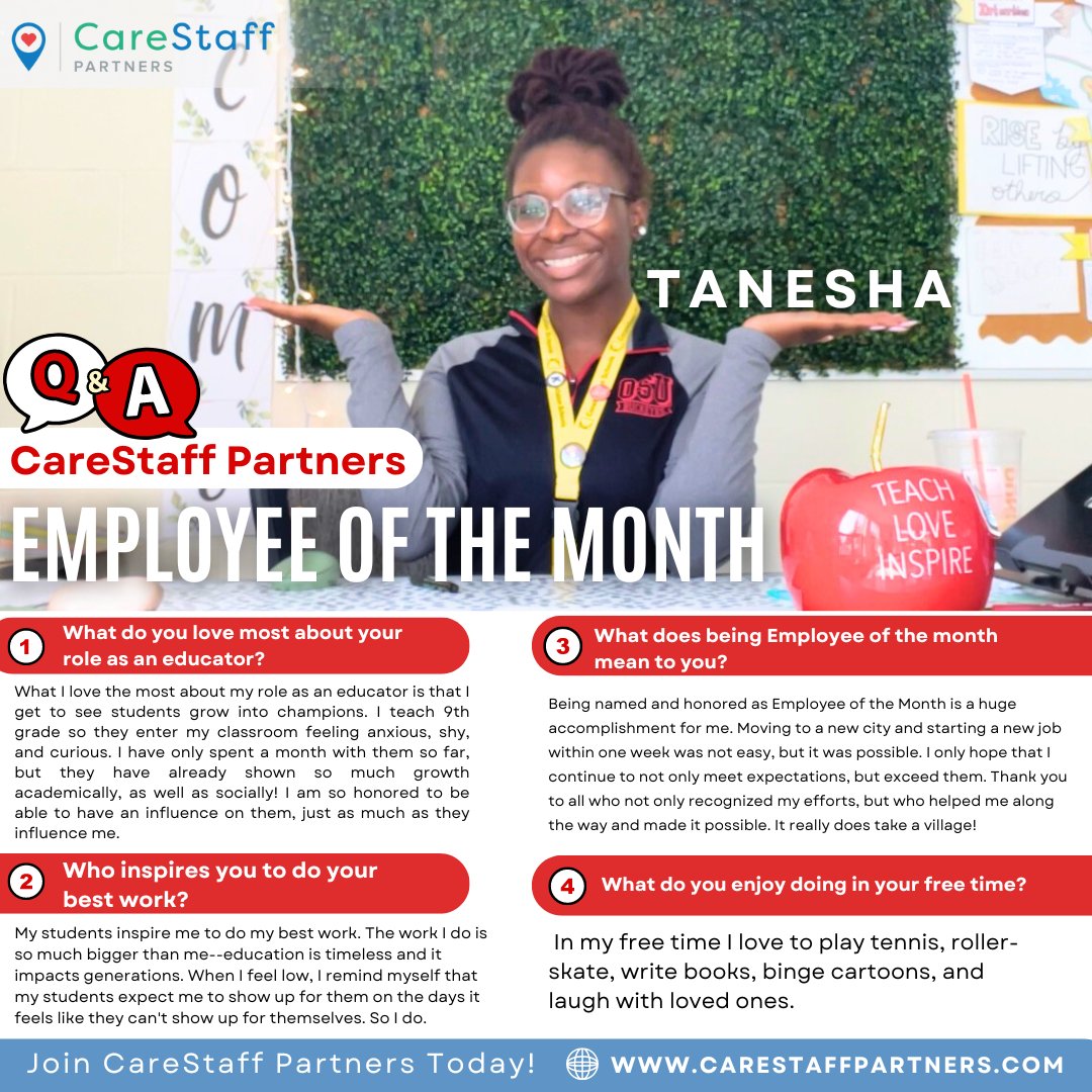 CareStaffCares's tweet image. A huge congratulations to our amazing Employee of the Month, Tanesha! 🌟 Your dedication and positivity light up the workplace!  Get to know more about her journey and what makes her truly special! 🎉🍎

#EmployeeOfTheMonth #travelassignment #educator #hiringnow #joinourteam