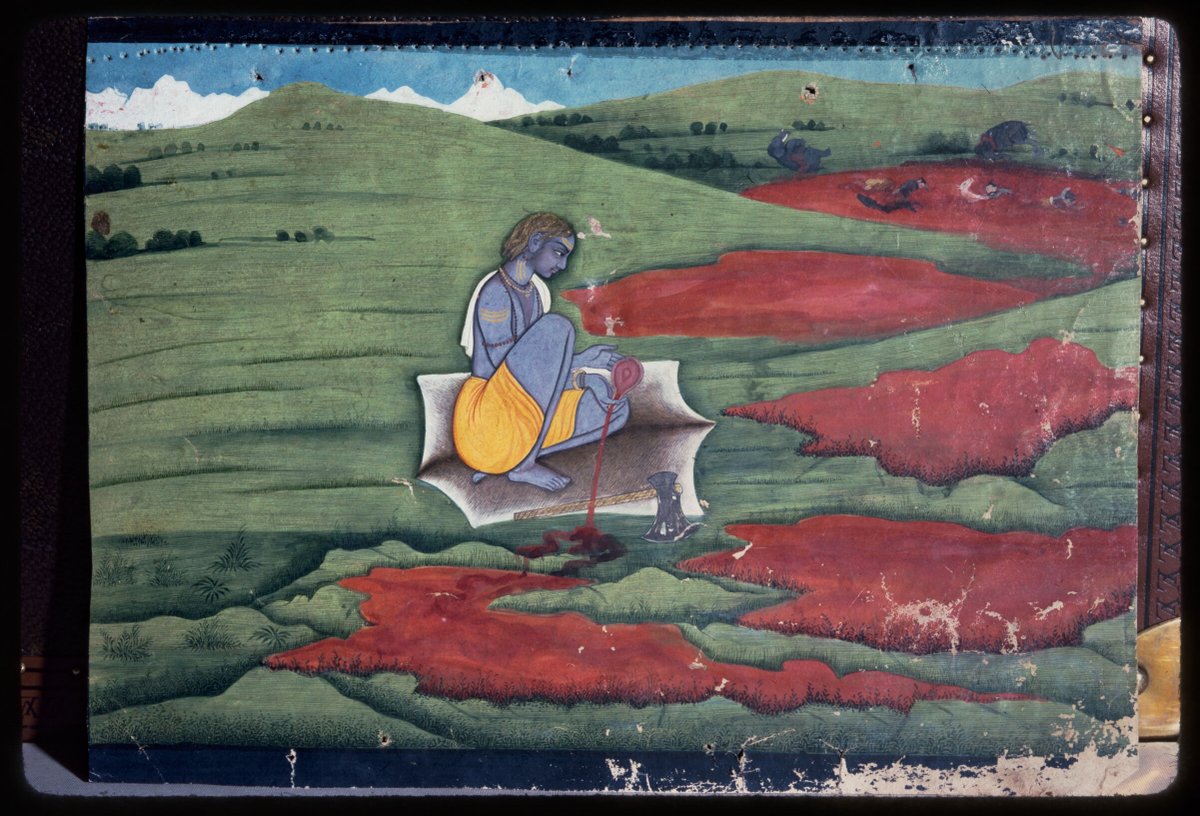 iconographile's tweet photo. From afar, this looks like a Hindu god in a peaceful field of poppies. Up close, it is an avatar of Vishnu-Krishna, warrior-priest Parashurama, Rama with the Axe (parashu), sitting in a pool of blood. There is no action or violence, which makes it even scarier.
#stuartcarywelch https://t.co/YxyrbJT5EP
