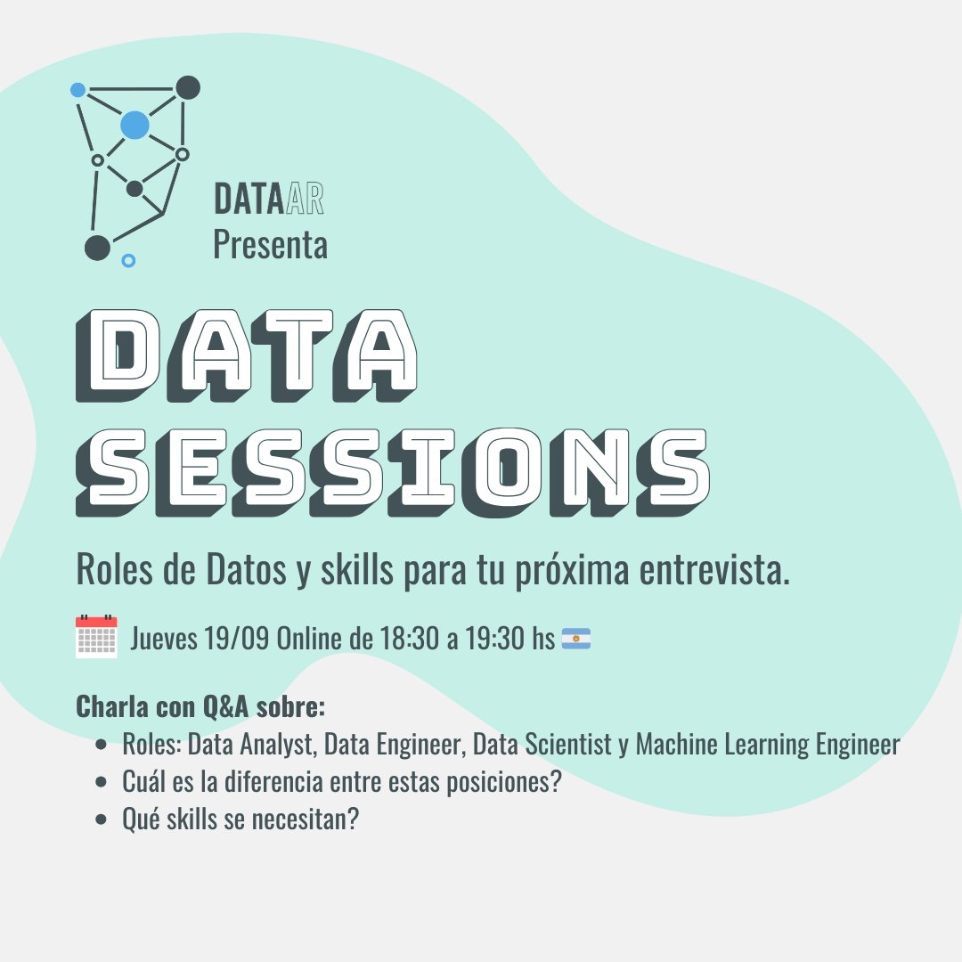 DataArCommunity's tweet photo. El Jueves 19/09 tendremos un evento online gratuito! 🤩
Charlaremos sobre los roles de Datos que existen, y que skills se necesitan.
Nos acompañaran los líderes de la comunidad contando su experiencia, y respondiendo a todas sus consultas!🚀

Inscripciones https://t.co/FSx8cK7roP https://t.co/tU3ebin7Xe
