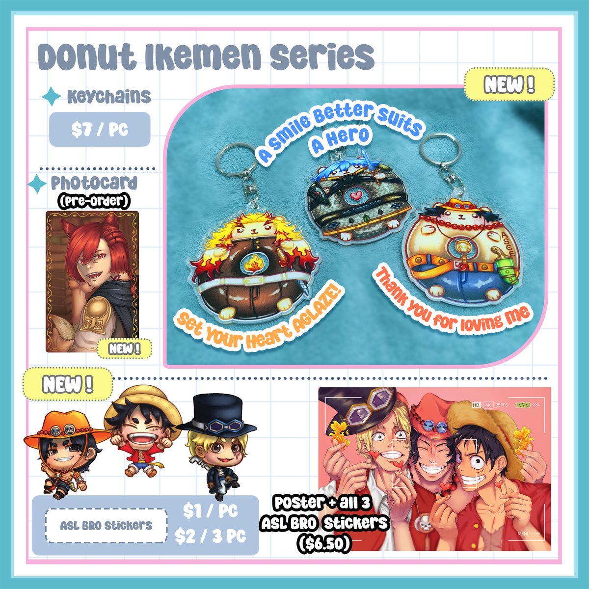AnceCatSpa's tweet photo. Another new item is coming to our booth~

Donut Ikemens Keychain, and Ikemen from another worldd! Also, a rehash of the minion artwork as paper clip. I said paper clip, but they can also be used to clip your snacks and other things too! https://t.co/u8nox2z31I