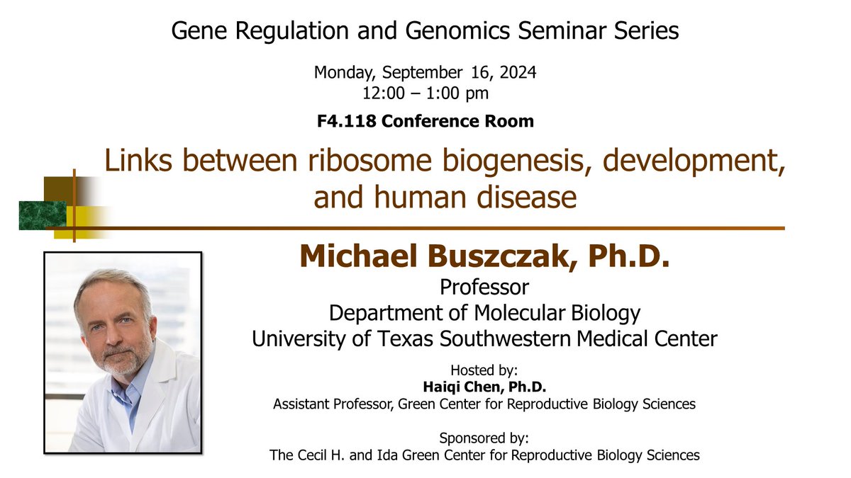 Green Center for Reproductive Biology Sciences (@utswgreencenter) on Twitter photo Join us on Monday at noon in F4.118 for our first Gene Regulation & Genomics seminar of the semester, featuring Michael Buszczak of <a href="/buszczaklab/">Buszczaklab</a> with a talk on "Links between ribosome biogenesis, development, and human disease" Join us on Monday at noon in F4.118 for our first Gene Regulation & Genomics seminar of the semester, featuring Michael Buszczak of <a href="/buszczaklab/">Buszczaklab</a> with a talk on "Links between ribosome biogenesis, development, and human disease"