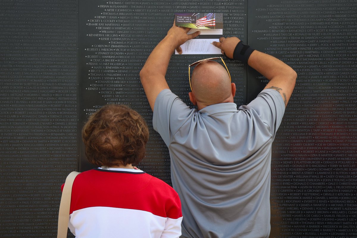 For many, taking a name rubbing is an important part of a visit to The Wall That Heals. Pick up a form and pencil at the Information Tent, where volunteers can assist with locating names. To preserve the integrity of The Wall’s surface, do not use your own paper or pencil. #VVMF