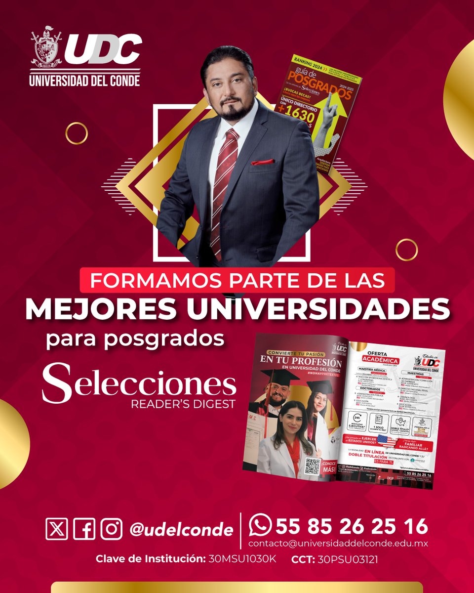 Hoy comparto que la <a href="/udelconde/">Universidad del Conde</a> ha sido destacada entre las mejores para estudios de posgrado en el Ranking 2024 de Revista Selecciones. Este logro refleja nuestro compromiso con la excelencia académica. Agradezco a todos los que forman parte de esta comunidad educativa.🙌🏻