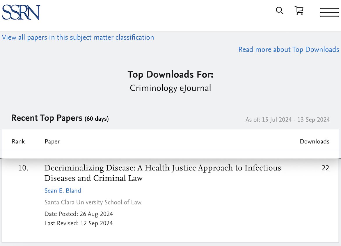 My paper, “Decriminalizing Disease: A Health Justice Approach to Infectious Diseases and Criminal Law,” made it on SSRN’s Criminology eJournal Top Ten Downloads for July 15-September 13, 2024. I am grateful for the downloads. Please check out the paper!
papers.ssrn.com/sol3/topten/to…