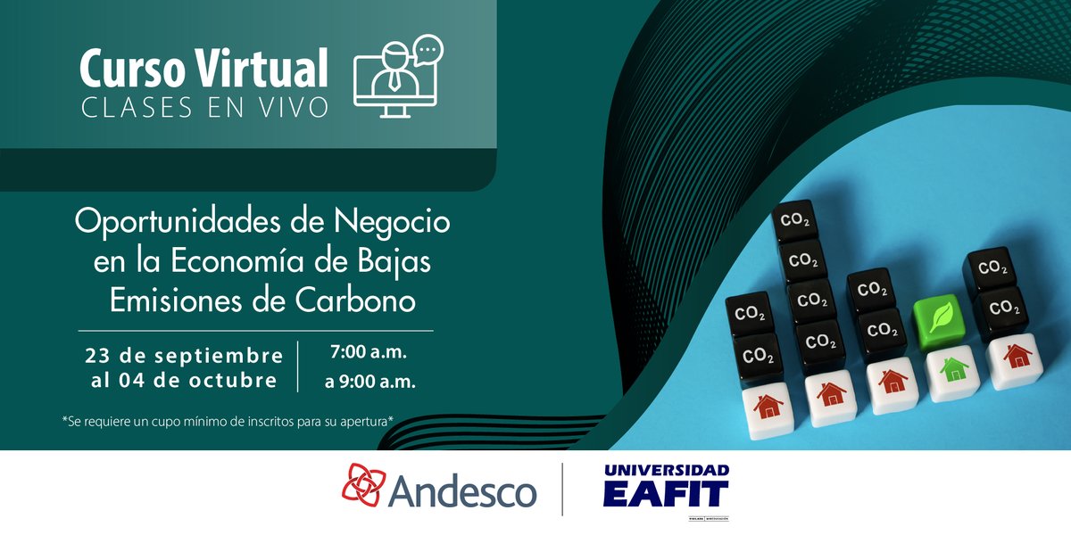 Andesco1's tweet photo. 👉Inscríbase ahora:                  

Curso virtual       
Oportunidades de negocio en la economía de bajas emisiones de carbono
📊📉📈🍃🌿🌳 

Fechas: 23 de septiembre al 4 de octubre              
Horarios:   7: 00 a. m. - 9:00 a. m.                   

Más información aquí: https://t.co/YMWo8peEW7