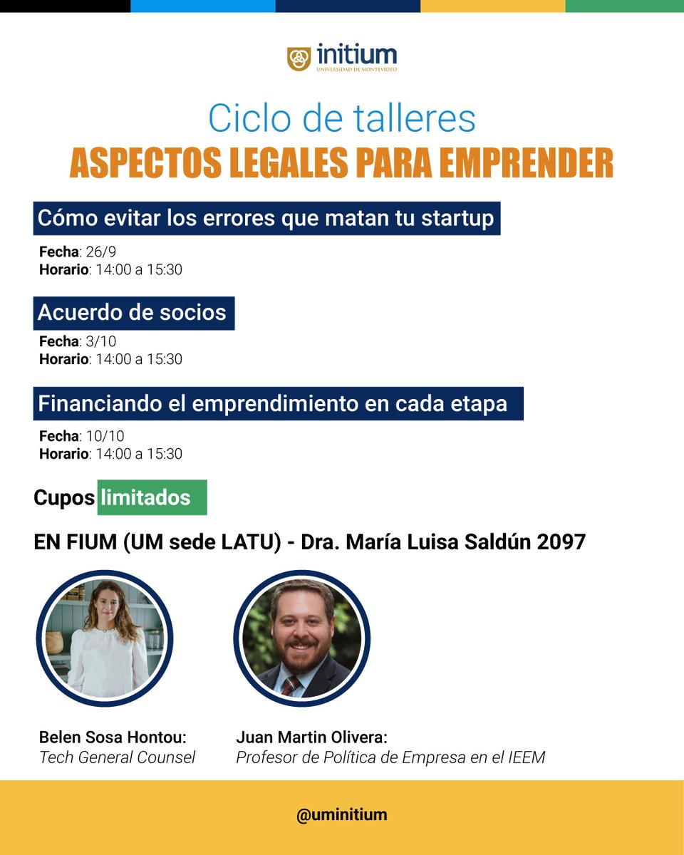 Ciclo de Talleres: Aspectos Legales para Emprender 🧳🚀

➡️ ¡Cupos limitados! Registra tu asistencia en el siguiente formulario lnkd.in/dF__GCdN