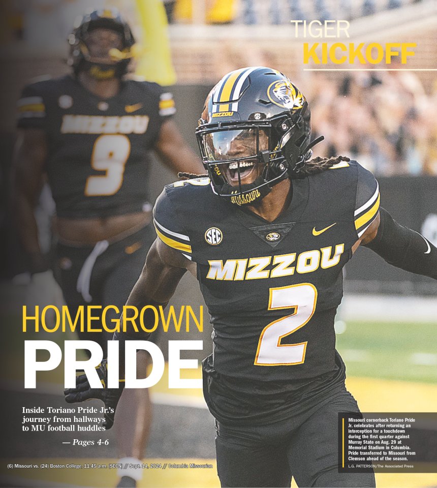 Our exclusive Tiger Kickoff print edition is out! 🐯 Get an inside look at Toriano Pride Jr.'s journey to MU football and take our Impossible Quiz. 

Read more in our e-edition at columbiamissourian.com/eedition/?utm_…