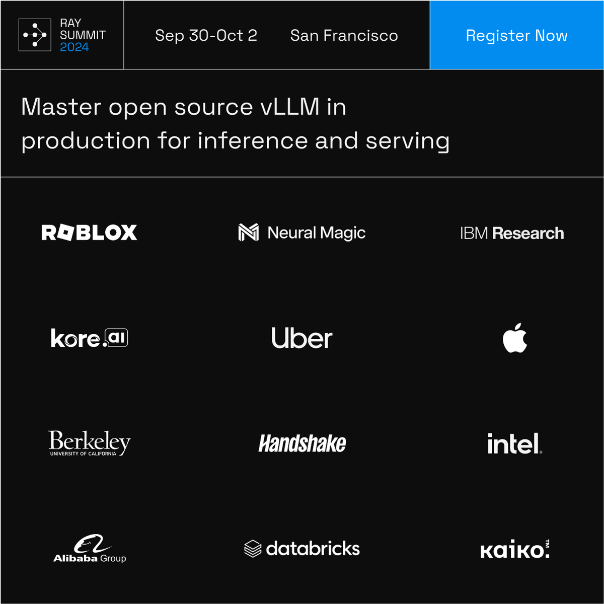 We are beyond excited to partner with @Anyscale in #RaySummit 2024 for a dedicated vLLM track featuring 10+ sessions about vLLM use cases and features! If you are AI/ML developers exploring and/or using vLLM, highly recommend attending these sessions.

raysummit.anyscale.com
