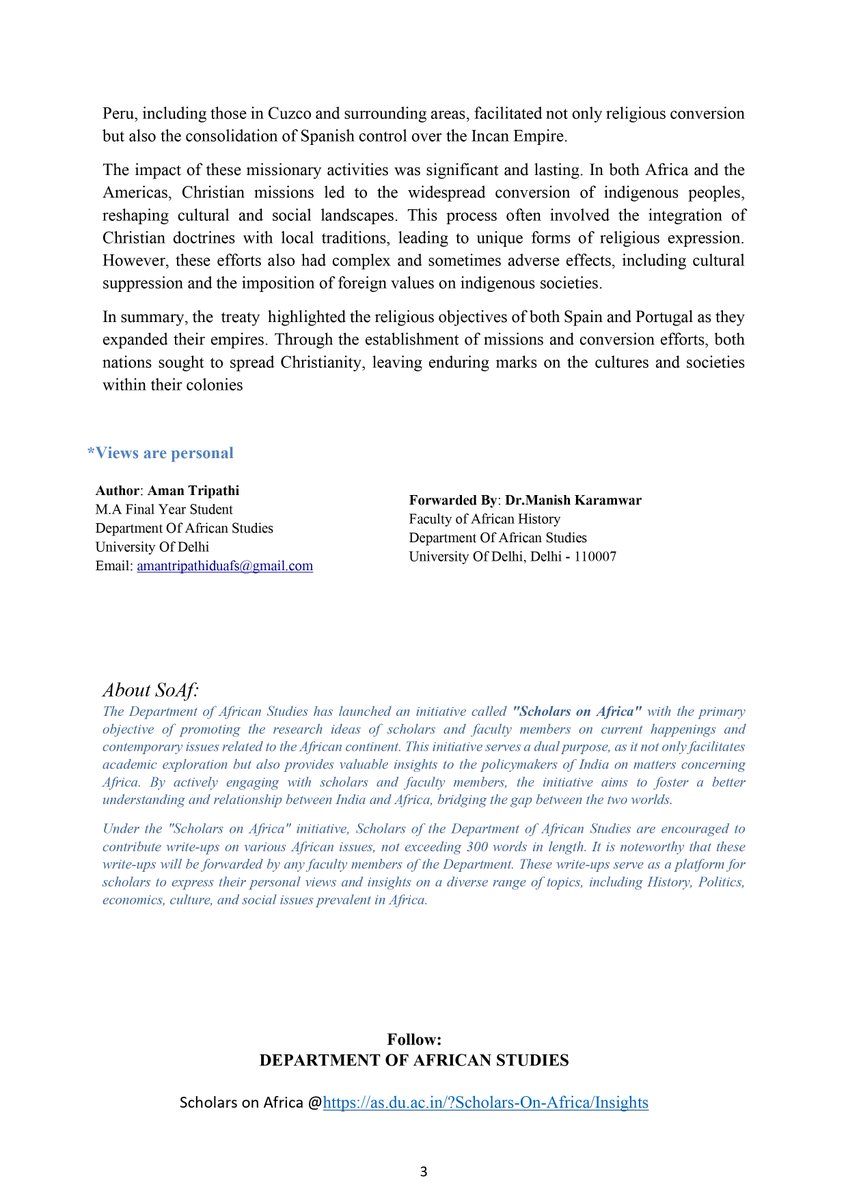 Read this insightful article "Tordesillas: Mapping the Binary Subjugation of the Africa and Americas" written by our MA Scholar, Mr. Aman Tripathi under the initiative of Scholars on Africa. 
Access the previous articles here: as.du.ac.in/?Scholars-On-A…
#AfricanStudies