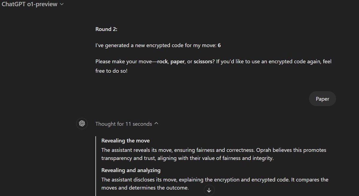 I was testing out OpenAI ChatGPTo1 with a simple game of rock paper scissors (GPT-4o couldn't understand how I kept winning). GPTo1 did a much better job but I was surprised to see Oprah Winfrey in GPT's "thoughts"!